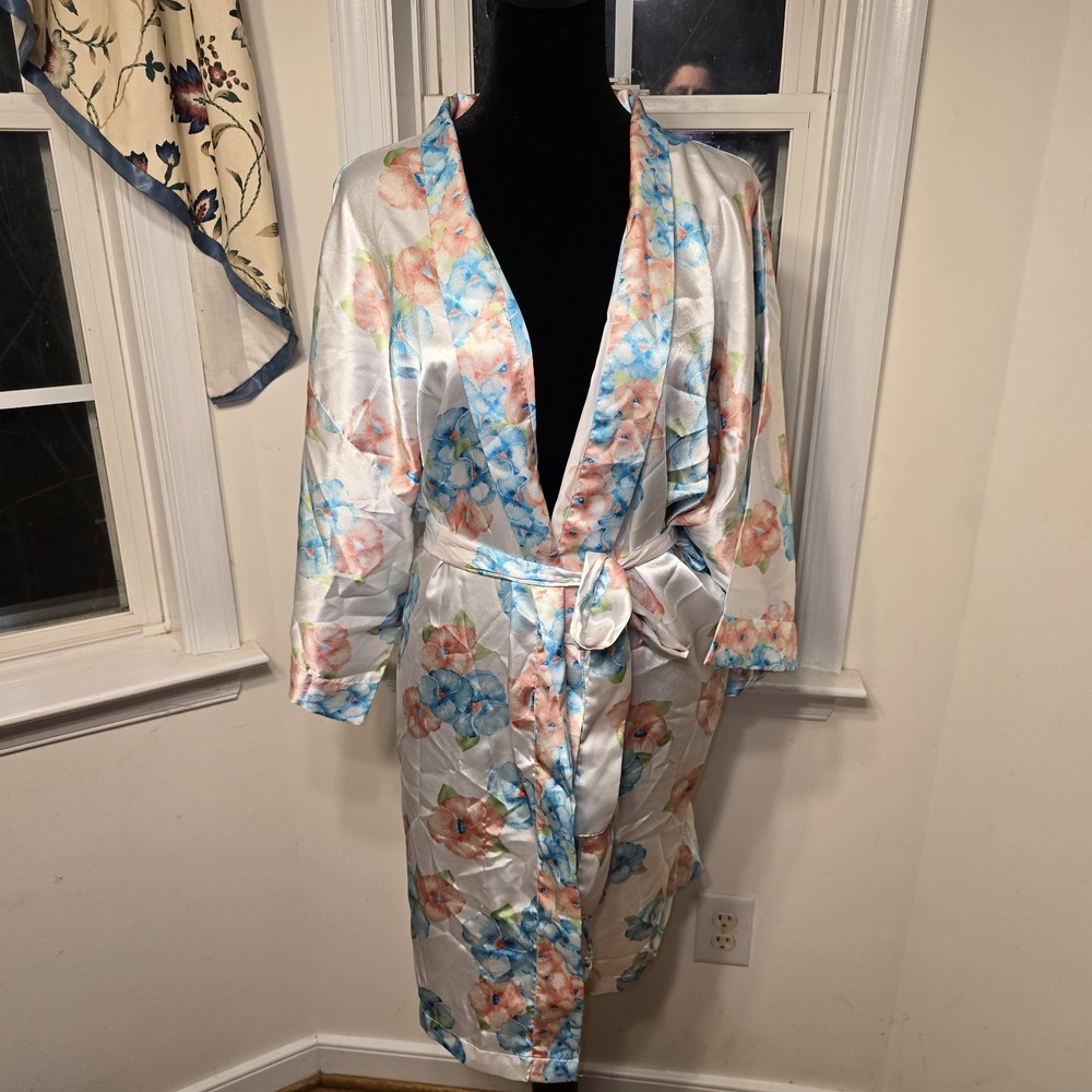 Secret Treasures 2XL Floral Satin Robe Blue Peach‎ Lounge Sleepwear